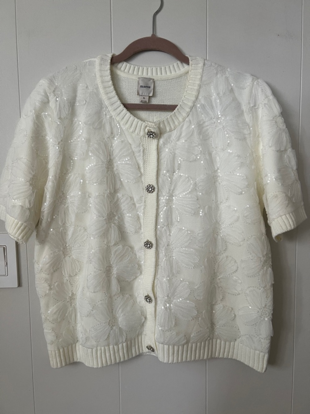 Maeve Ivory Floral Sequin Short-Sleeve Cardigan